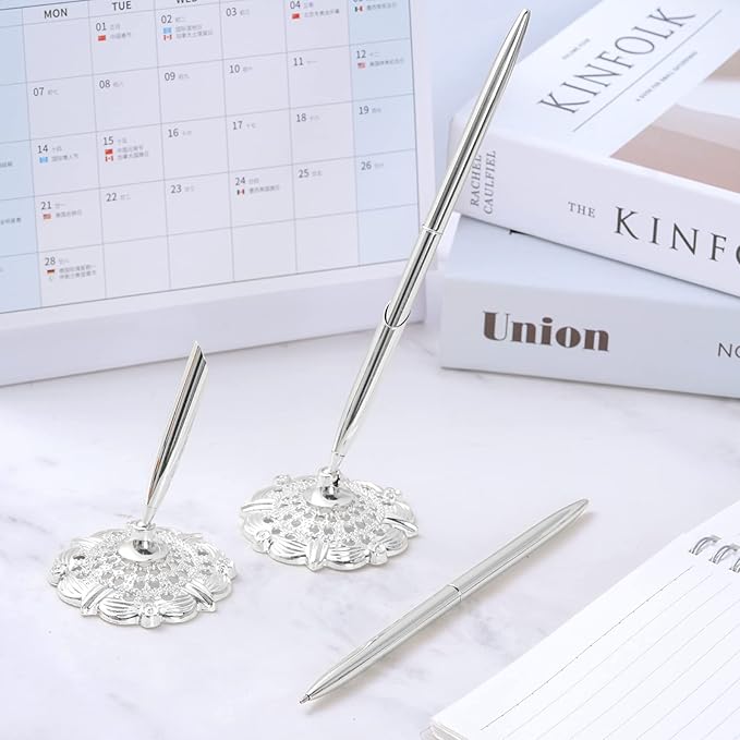 jiebor 2Pcs Silver Wedding Pen and Metal Pen Stand Holder Set Signing Desk Ballpoint Pen for Guest Book Bridal Teacher Wedding Engagement Graduation Business Home Office Gift Supplies Black Ink