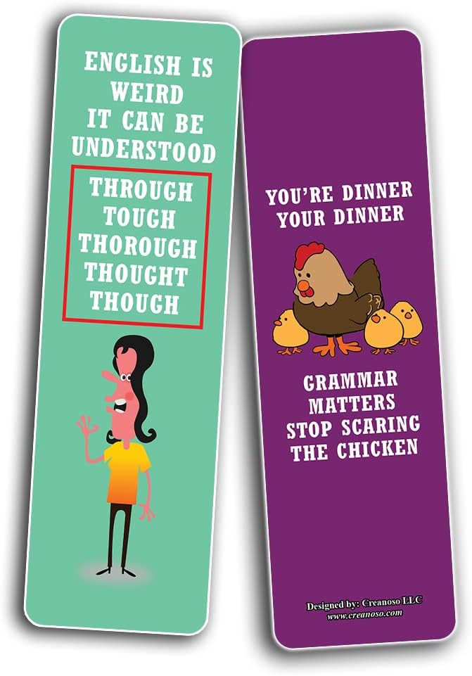 Creanoso Funny English Grammar Mistakes Bookmarks (2-Sets X 6 Cards) – Daily Inspirational Card Set – Interesting Book Page Clippers – Great Gifts for Adults and Professionals