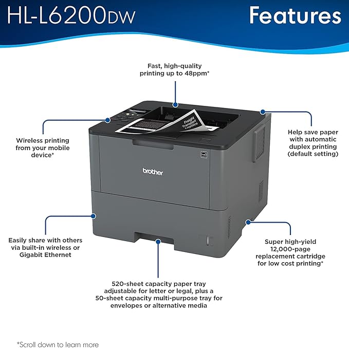 Brother HL-L6200DW Wireless Monochrome Single-Function Laser Printer - Print only - 48 ppm, 1200 x 1200 dpi, Auto Duplex Printing, 8.5" x 14", 256MB Memory, 520 Sheet, Ethernet