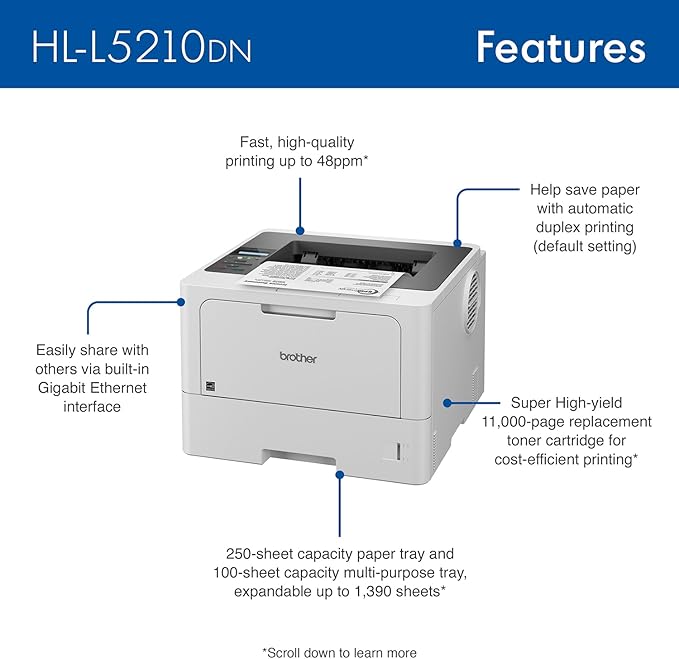 Brother HL-L5210DN Business Monochrome Laser Printer with Duplex Printing, Versatile Paper Handling, Mobile Printing, and Gigabit Ethernet Networking, Works with Alexa