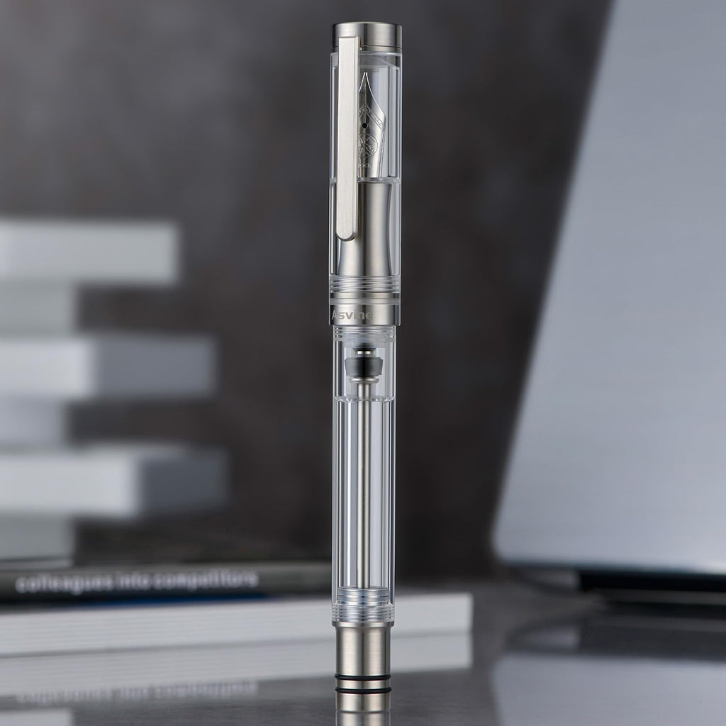 Asvine V200 Titanium Fountain Pen Vacuum Filling, Bock Medium Nib Clear Transparent Acrylic Smooth Writing Pen Case Set