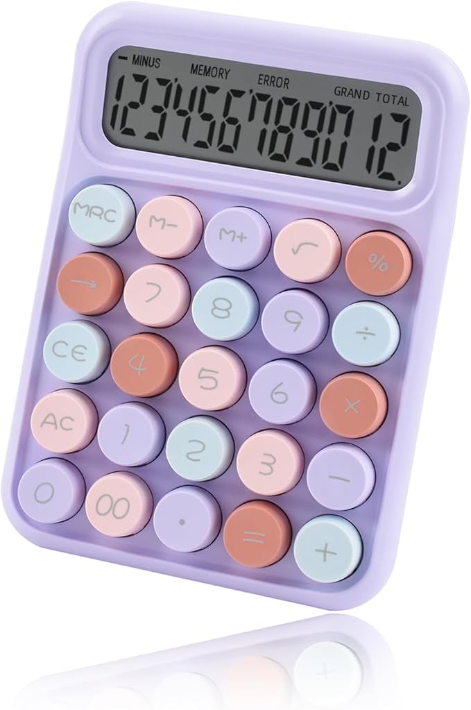 Desktop Mechanical Calculator, 12-Digit Large LCD Display Basic Standard Calculators with Cute Big Buttons, Desk Accessories, for Office Home School (Purple)