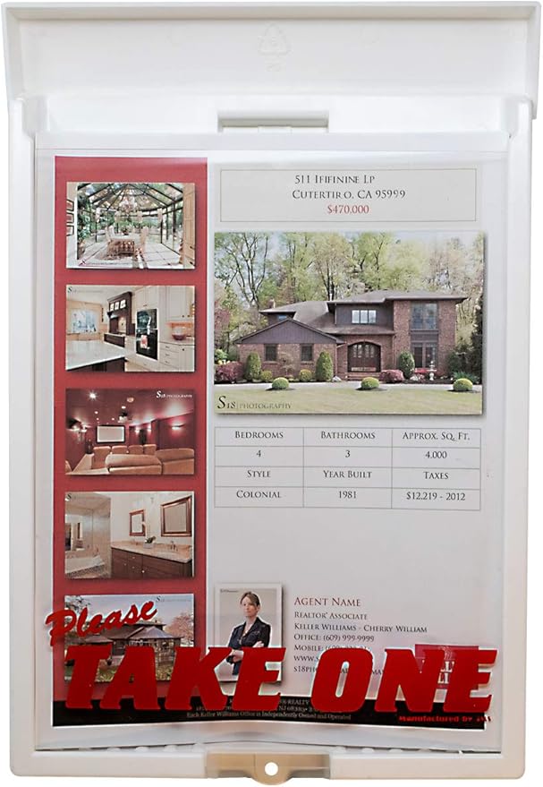 Outdoor Real Estate Brochure Box with Snap Shut Lid, Take One Document Holder Can Hold 100, 8.5 x 11 Documents, Flyers, Literature and Other Outdoor Marketing Needs