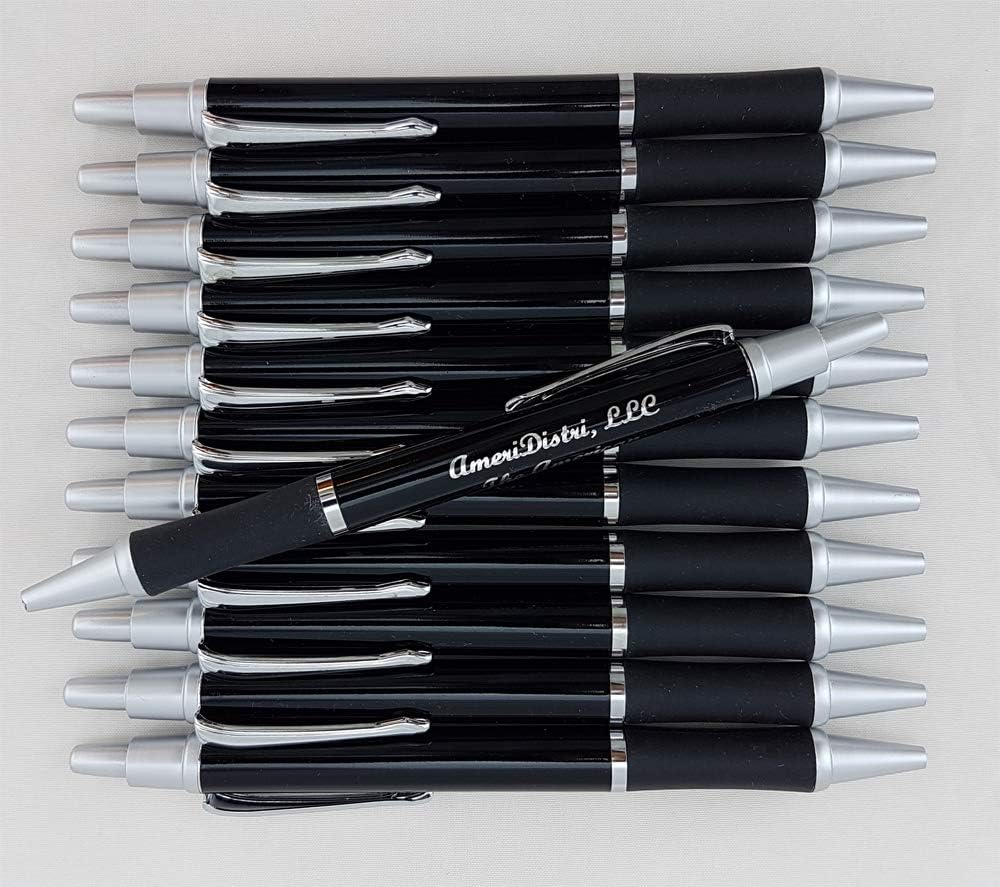 ezpencils - Personalized - Elegant Tip and Click Silver Accents on Black Solid Color Body and Black Grip - Bullet Ballpoint Pens - 12 pkg - ** FREE PERZONALIZATION **