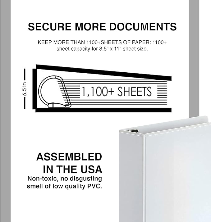 3 Ring Binders, 6 Inch D Ring Heavy Duty Large Binder with Pockets for 8.5" x 11" Sheet Size, Durable Non-Stick Customizable Clear View Cover (White)