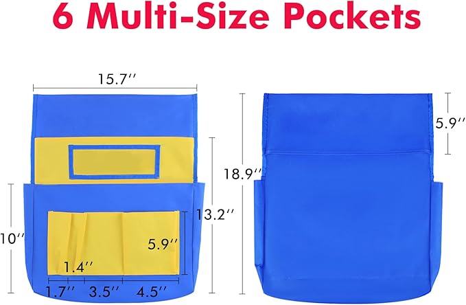 VNOM Chair Back Pocket School Seat Chair Storage Pocket Organizer with Label Slot Multiple Pockets for School Home Classroom Preschool Daycare (Yellow+Blue)