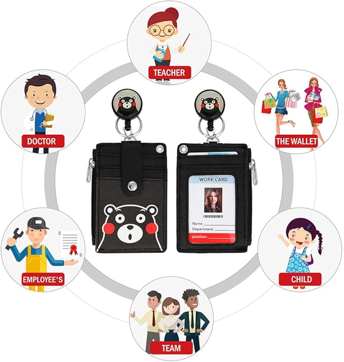 Cute Badge Holder Retractable Lanyard Reel Clip with Heavy Duty Carabiner, 1 Clear ID Window, and 4 Card Slots in 2 Sided for Students Teens Boys Girls Women (01 Black Bear)