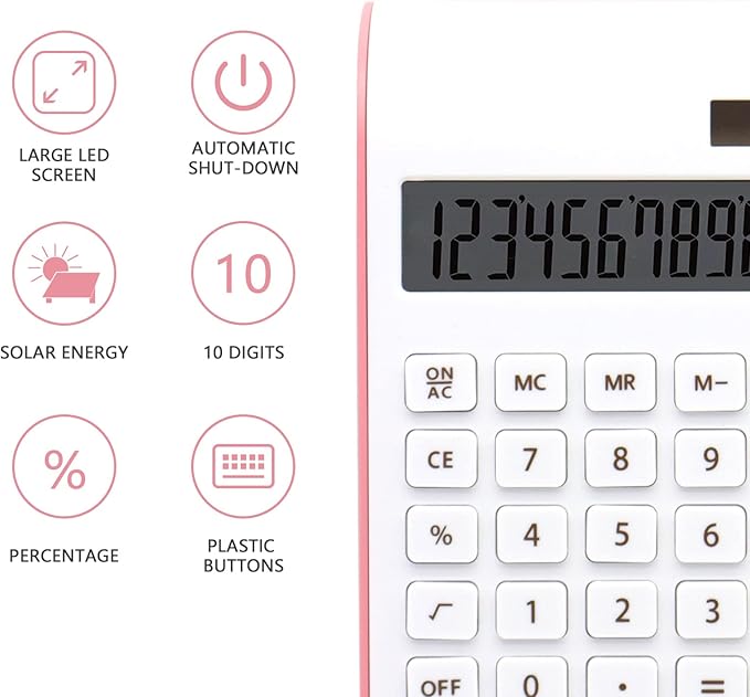 Pink Calculator, UPIHO Pink Office Supplies and Accessories, 10 Digits Solar Battery Basic Office Calculator, Dual Power Desktop Calculator with Large LCD Display, School Supplies