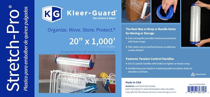 Kleer-Guard® Stretch-Wrap with Tension Control Handle. 20” x 1,000 ft./roll. 80 Gauge Equivalent. 1 Roll Two Tension Control Handles