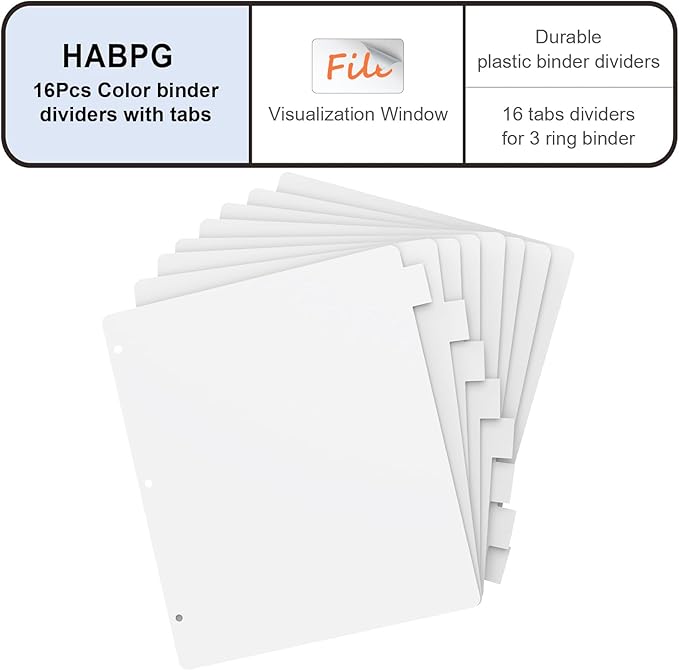 3 Ring Binder Dividers with 8 Tabs, 2 Set 8 Dividers Binder, 1/5 Cut Tabs, Letter Size Binder Dividers White, Sheet Protectors 8.5" x 11", 3 Hole Punch Dividers 8 Tab Sets, Total 16 Dividers