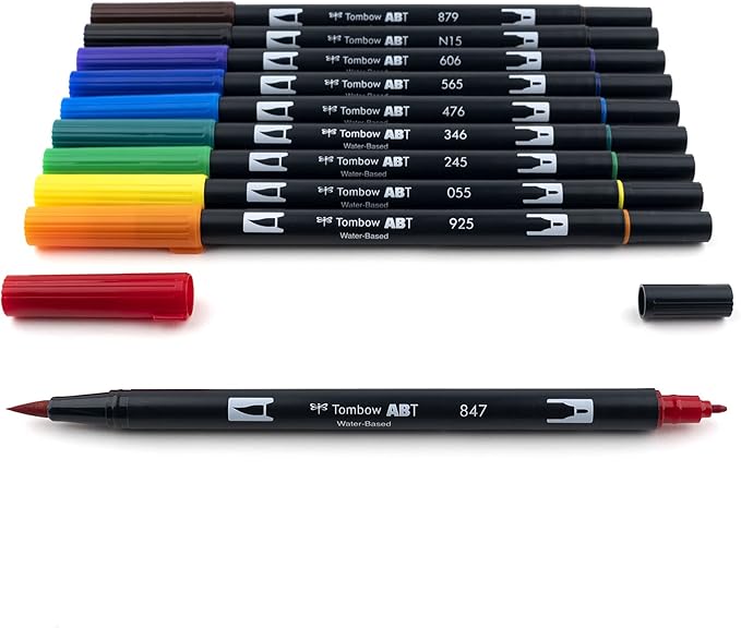 Tombow Dual Water Based Markers, Twin Tip, Primary Palette Assorted Inks, 10/Pack (56167)