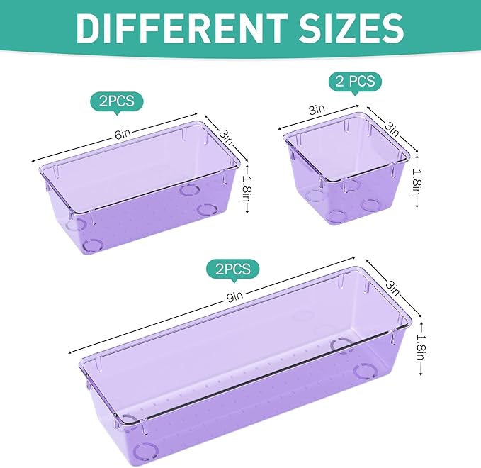 WOWBOX 6 Pack Clear Drawer Organizer Set, Acrylic Drawer Storage Trays, Storage Bins for Makeup, Cosmetics, Jewelries, Utensils, Gadgets, Office, Purple