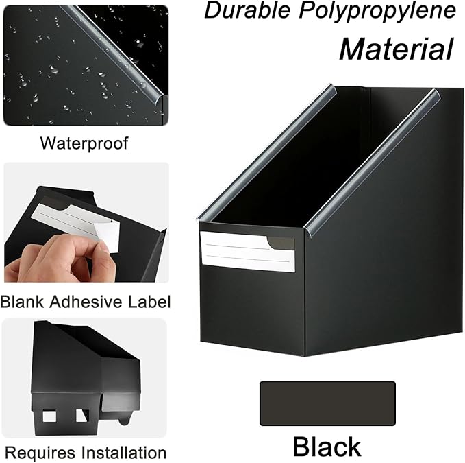 SAYEEC Black Plastic Magazine File Holder, 3 Pack Foldable Folder Holder with Labels, Vertical File Paper Organizer Magazine Storage Box Rack Book Bins for Desk, Shelves, Classroom, Office, Home