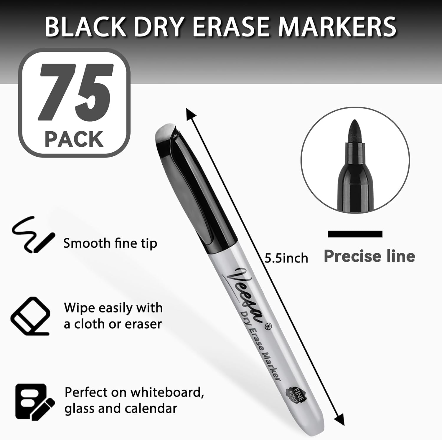 VEESA Dry Erase Markers Black, Fine Tip, 75 Count Low-Odor Whiteboard Marker Pens, Back to School Supplies, Office Series