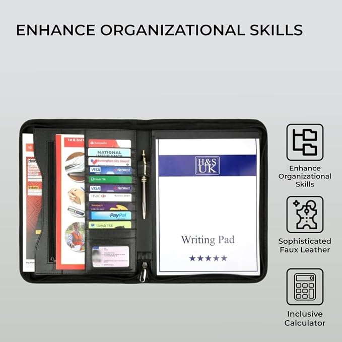 H&S A4 Portfolio Folder with Ring Binder Mechanism - Leather Conference Padfolio with Legal Writing Pad - A4 Document Folder with 11 Business Card Slots for Men