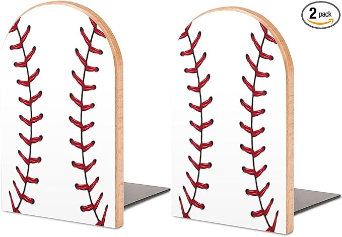 2 Pack Wood Bookends, Sport Baseball Stitches Non-Skid Book Ends for Heave Books, Decorative Bookends for Shelves Desk, Book Stoppers Book Holders for Home Office Library School