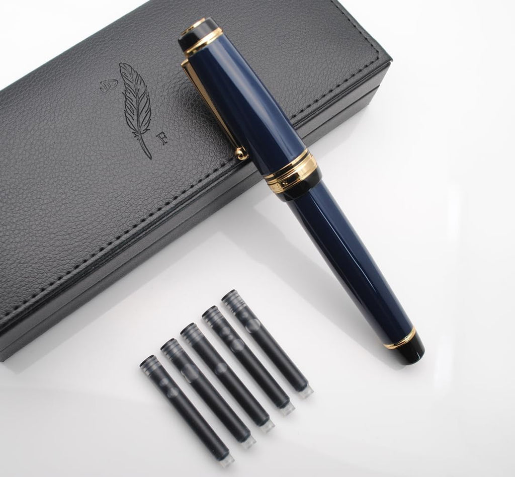 Metal Big Fountain Pen Set Medium Nib 0.7mm, Includes Ink Refill Converter, 5 Ink Cartridges & Gift Box (Medium Nib 0.7mm, Dark Blue)