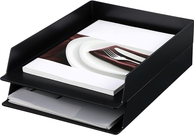 Wenqik 2 Pcs Stackable Paper Trays Rectangular Plastic Desk Tray Holder Desktop Document File Paper Organizer Plastic Storage Letter Tray for Office Classroom, Black