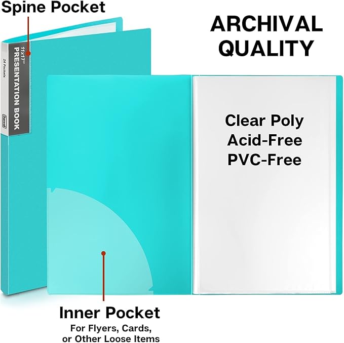 Dunwell 11x17 Portfolio Binder (Aqua), Presentation Book with 24 Clear Plastic Sleeves, Large Art Portfolio Folder, Acid-Free Poly Cover and Sleeves