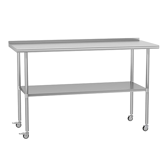 Stainless Steel Table with Wheels 24 x 60 Inches Metal Prep Table with Backsplash & Adjustable Undershelf for Commercial Kitchen, Outdoor, Restaurant, Hotel & Garage