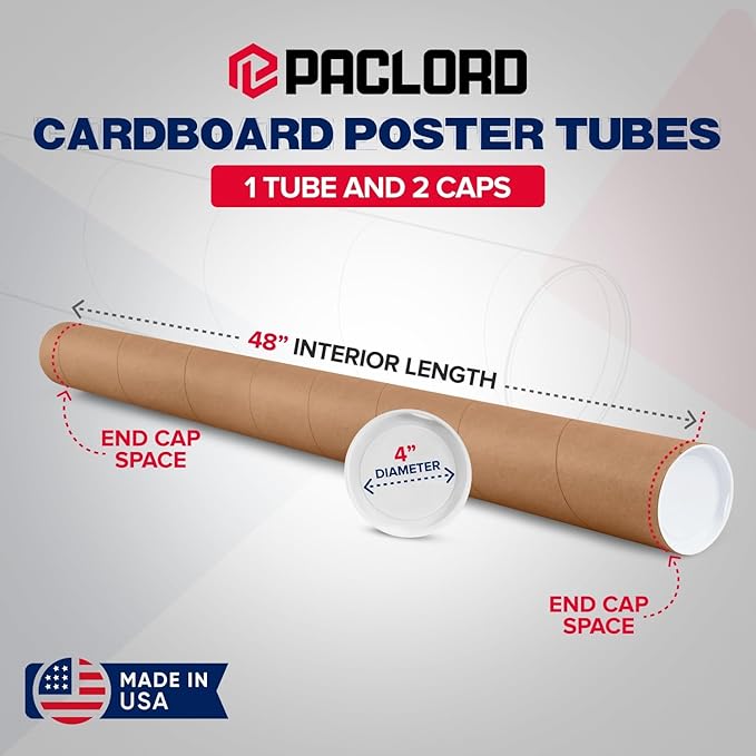 4" x 48" Reinforced Kraft Paper Mailing Tube, Pack of 1 Tube with 2 Caps – Secure USPS Approved Poster Tube – Made in USA Cardboard Tube for Shipping and Storing Posters, Prints, Artwork, or Documents