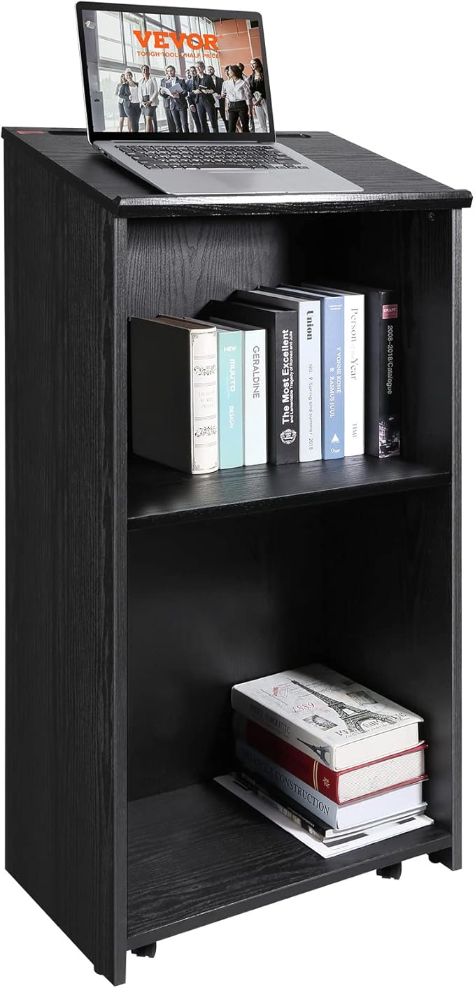 VEVOR Speaker Podium, 47-inch Mobile Lectern with 4 Casters, Wooden Presentation Stand with Shelves, Angled Top, for Church, Office, School, Home Use, Black