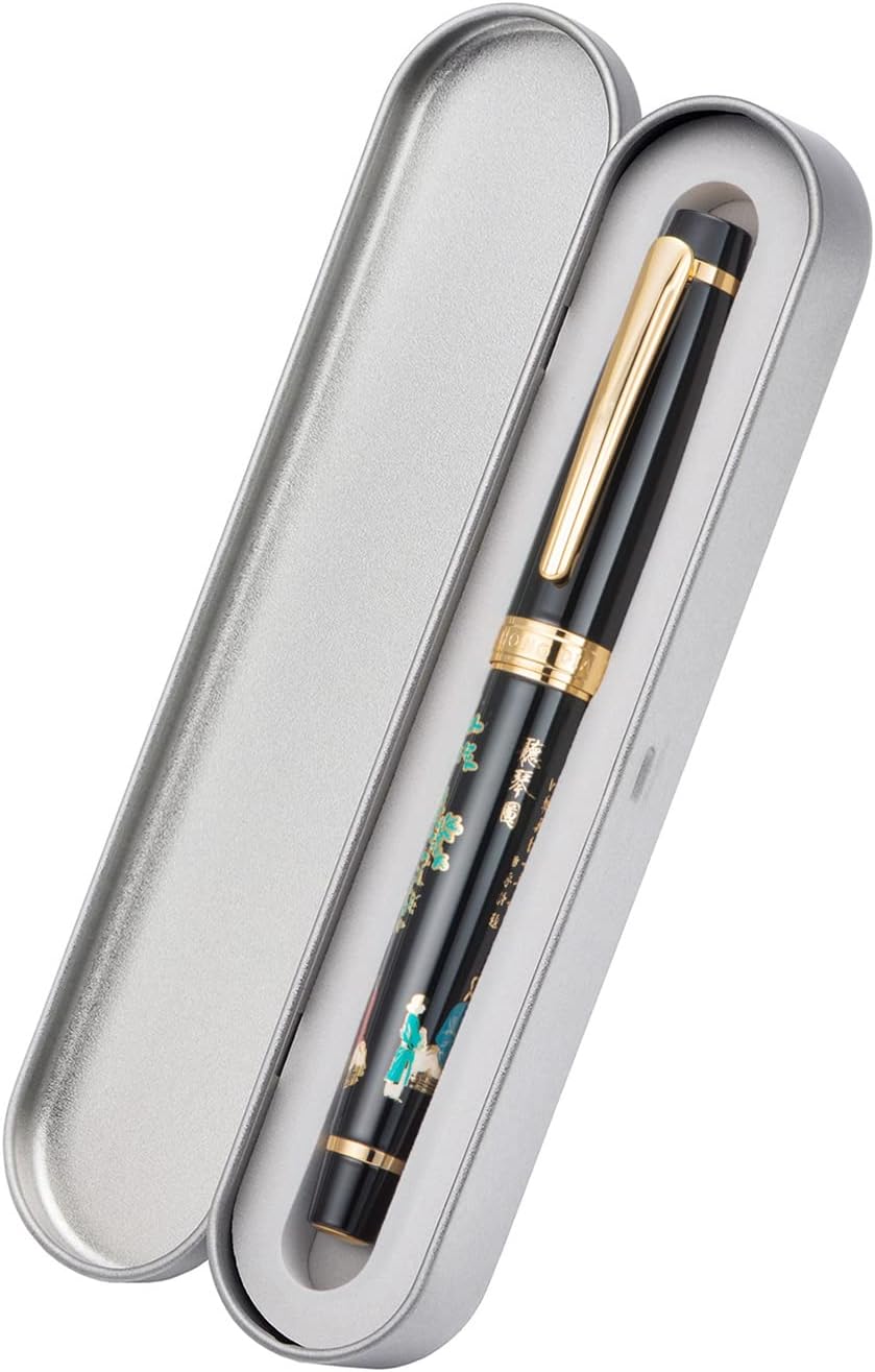 Hongdian 231 Chinese Classical Fountain Pen, Iridum Fine Gold Nib with Chinese Painting Design, Smooth Writing Pen with Ink Converter and Metal Pen Box Set