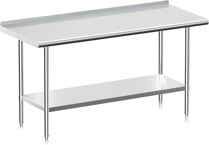 Real Relax Stainless Steel Table with Backsplash, NSF Commercial Heavy Duty Stainless Steel Table for Prep with Adjustable Undershelf, for Indoor & Outdoor- 24" D x 60" W x 34" H
