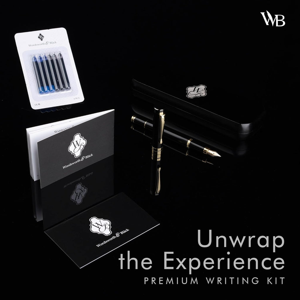 Wordsworth & Black Fountain Pen Set, Luxury Bamboo Wood - Extra Fine Nib, Gift Case; Includes 6 Ink Cartridges, Ink Refill Converter -Journaling, Calligraphy; Drawing, Smooth Writing [Black Wood]