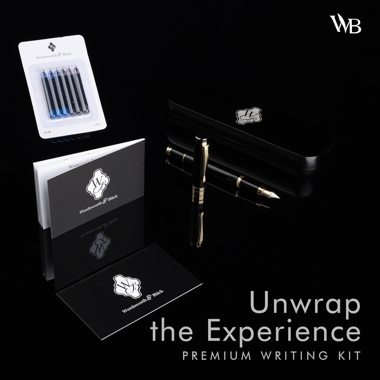 Wordsworth & Black Fountain Pen Set, Luxury Bamboo Wood - Medium Nib, Gift Case; Includes 6 Ink Cartridges, Ink Refill Converter -Journaling, Calligraphy, Drawing, Smooth Writing [Black Wood]