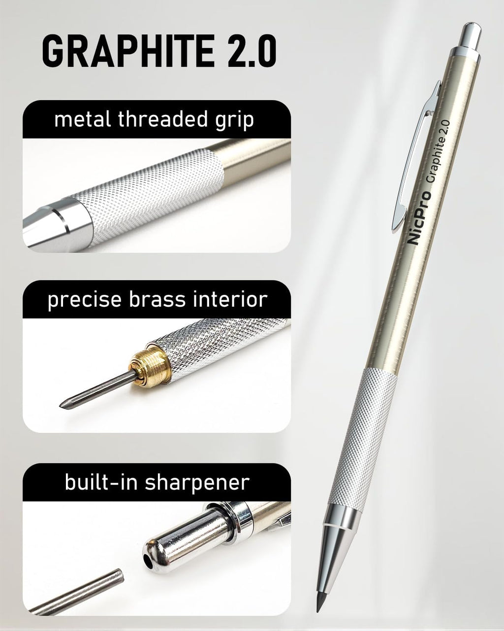 Nicpro 5 PCS Art Mechanical Pencils Set, Metal Drafting Pencil 0.3 & 0.5 & 0.7 & 0.9 & 2mm Graphite Lead Holder(4B 2B HB 2H Colored) for Sketching Drawing With Lead Refills Eraser Case