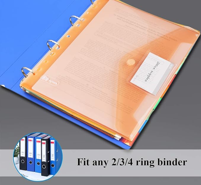 A4 Binder Pockets,32 Pack File Envelopes for 2/3/4 Ring Binder,8 Colors Binder Folders with Hook and Loop Closure and Label,Plastic Envelopes Binder Folders with 11 Holes for School Office Home