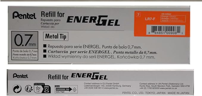 Pentel Refill Ink For EnerGel and Lancelot Gel Pen, (0.7mm) Metal Tip, Orange Ink, Pack of 12 (LR7-F)