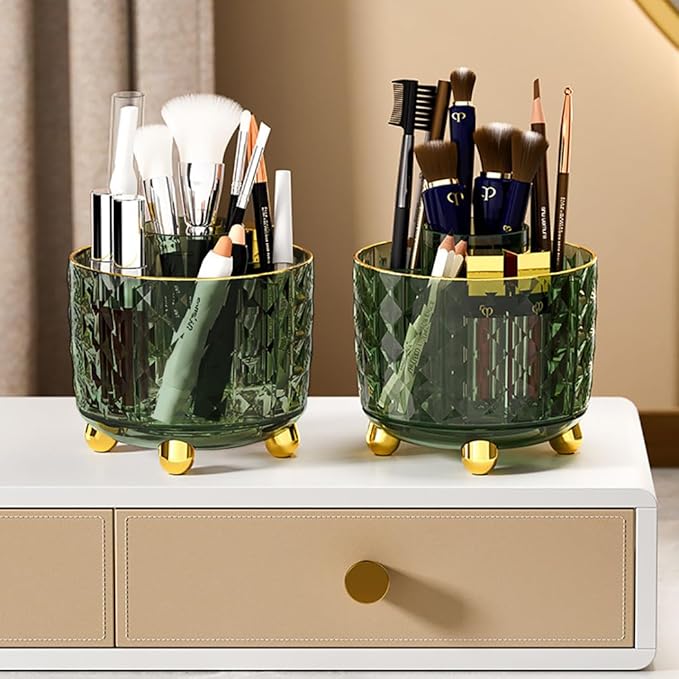 Dark Green Pen Pencil Holder for Desk, 360° Rotating Pen Organizer, Green Office Supplies, Cute Pen Holder, 6-Compartment Pencil Holder Rotating