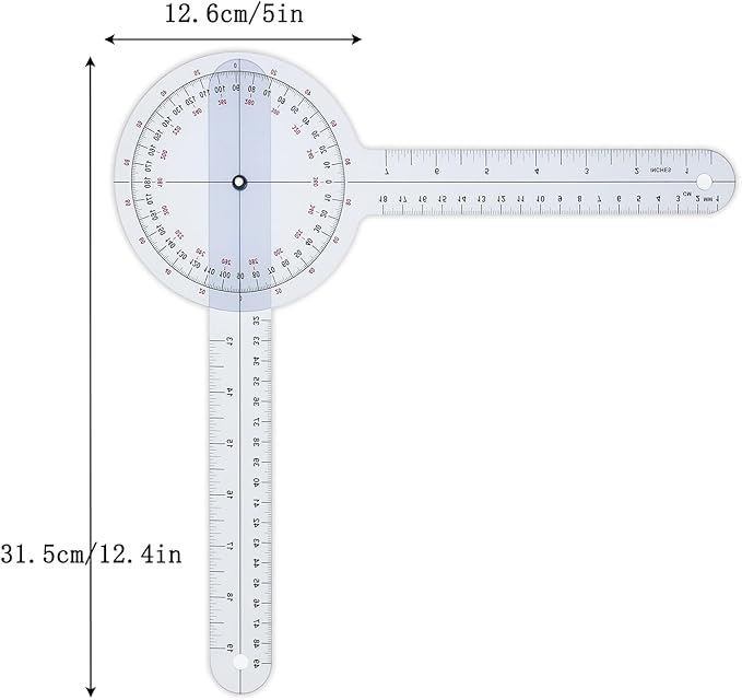 Goniometer 12 inch 360° Clear Protractor Physical Therapy, for Medical Range of Motion Measurement Angle Ruler and Protractors Bulk for Classroom
