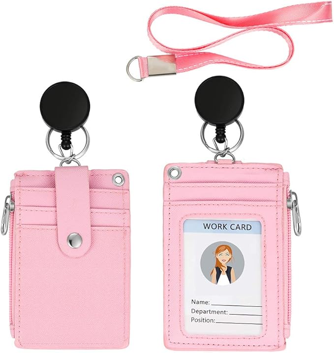 Cute ID Badge Holder Retractable Lanyard Reel Clip with Heavy Duty Carabiner, 5 Card Slots in 2 Sided with Key Ring and Zipper for Students Teens Boys Girls Office Staff Women (Pink)