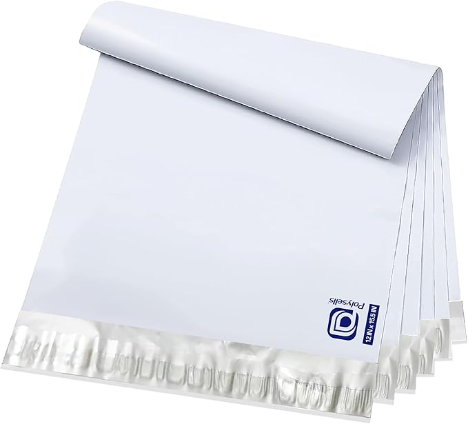 POLYSELLS 500 pcs 12x15.5 Inches White x Silver Poly Mailers Shipping Envelopes, Strong Adhesive Sealing, Waterproof, and Tear-resistant Postal Mailing Bags for Clothing, Books, and Accessories