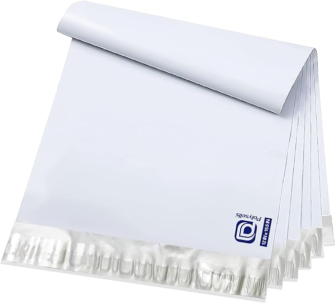 POLYSELLS 1000 pcs 12x15.5 Inches White x Silver Poly Mailers Shipping Envelopes, Strong Adhesive Sealing, Waterproof, and Tear-resistant Postal Mailing Bags for Clothing, Books, and Accessories