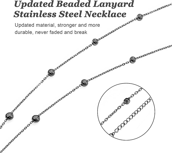 Retractable Badge Reel Lanyard with 2 Pieces ID Holder for Women, Fashion Beaded Chain Premium Stainless Steel Lanyard Necklace Water Resistant Name Badge Holder (Black)