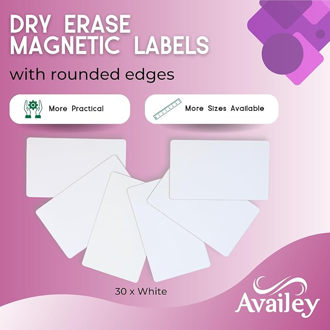 Availey 30 Pieces (5 x 3") - White Magnetic Dry Erase Labels - Reusable Strips for Classroom Home Office Garage Refrigerator Blank Writable Erasable Cards Name Tags Students Locker Shelf