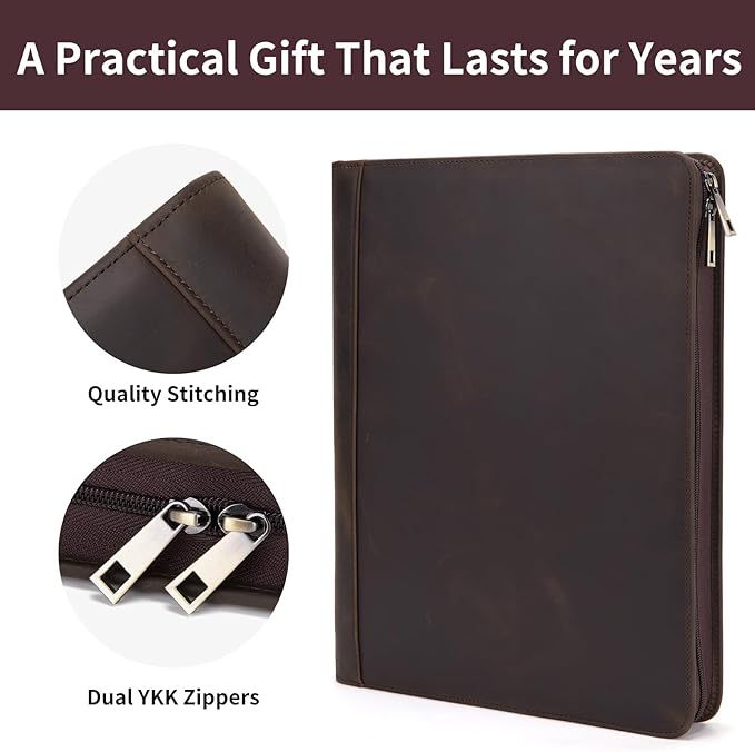 Personalized Genuine Leather Portfolio Binder, Zippered Padfolio for Men Women, Business Folio with 8.5” x 11” Notebook Holder and 13” Laptop Sleeve, Professional Folder, Dark Khaki