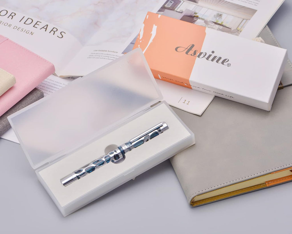 Asvine V169 Vacuum Filling Fountain Pen Medium Nib, Water Drop Skeleton Transparent Gray Blue Acrylic Pen Case Set