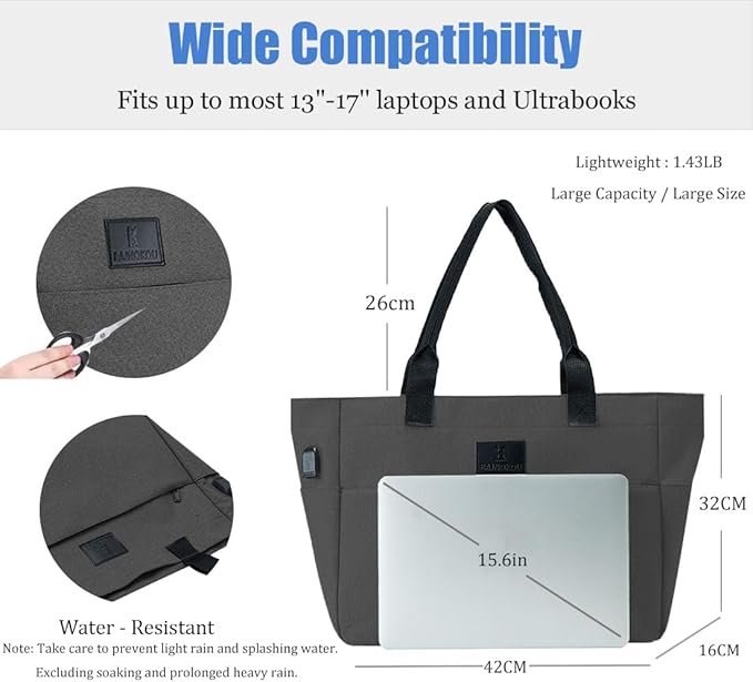 Tote Bag for Women Large Work Bags Laptop 15.6-17 Inch Handbag Purse Book Bag with Zipper for Nurse Teacher School, Blackgrey
