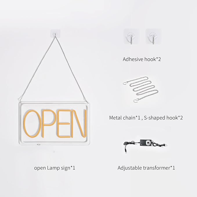 Bright and Eye-Catching LED Open Sign for Business - "16x 10" (White/Yellow) Transparent Acrylic Neon Sign | Ideal for Storefronts, Windows, Bars | Commercial LED Open Signs, Light-Up Open Signs