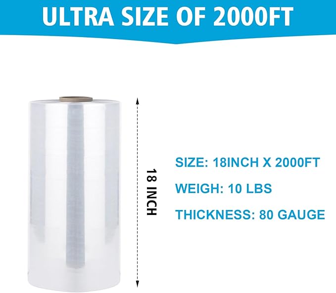 Bonison 18" x 2000' x 80 Shrink Wrap Pallet Wrap Stretch Film 20 Microns Thick Industrial Strength Shrink Film. Clear plastic polyethylene Machine Grade Stretch Film Wrap for Moving Packing Store