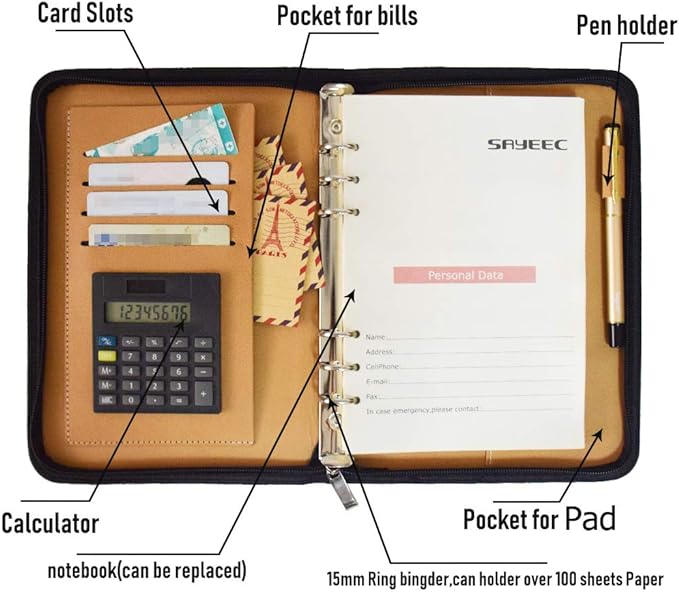 SAYEEC Executive Conference Folder A5 Zipped Portfolio Binder Faux Leather Padfolio Refillable Business Notebook Organizer with Calculator Loose Leaf Paper Gift for Man Women