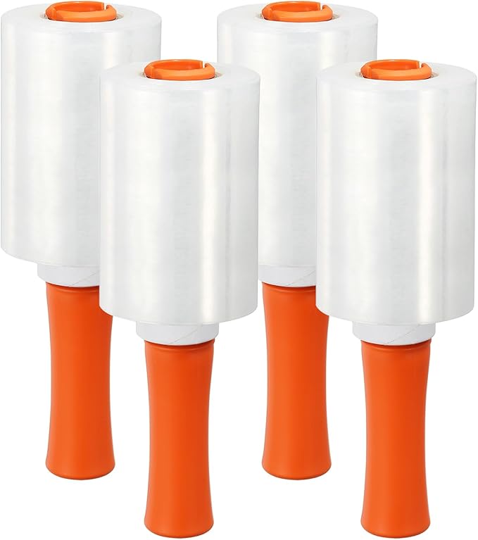 PATIKIL 4.7" x 656 Feet Stretch Wrap Roll, 4 Pack 80 Gauge/20 mic Thick Mini Shrink Stretch Film Industrial Clear Plastic Wrap with Handle for Box Packing Shipping Moving