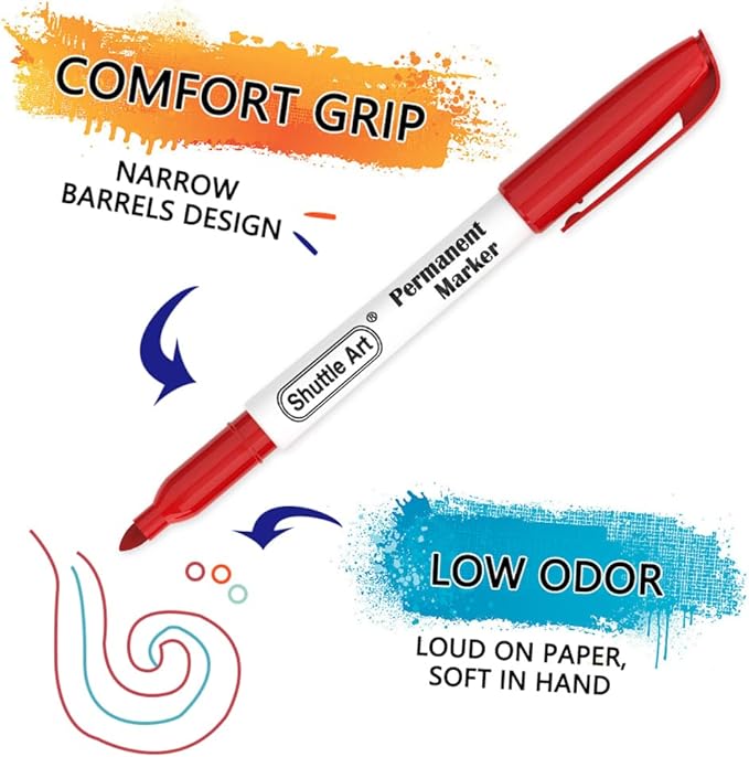 Shuttle Art Permanent Markers, 24 Colors Fine Point Assorted Colors Permanent Marker Set, Works on Plastic,Wood,Stone,Metal and Glass for Doodling, Coloring, Marking