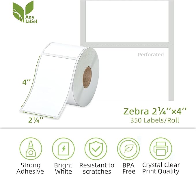 Compatible 2-1/4" x 4" Direct Thermal Labels Replacement for Barcodes Postage Address Shipping Compatible with Rollo & Zebra Desktop Printers Adhesive & Perforated (12 Rolls, 350 Labels/Roll)