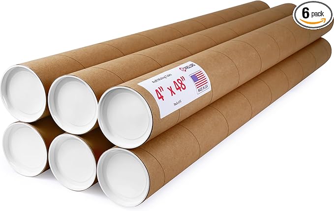 4" x 48" Reinforced Kraft Paper Mailing Tube, Pack of 6 Tube with 2 Caps Each – USPS Approved Poster Tube – Made in USA Cardboard Tube for Shipping and Storing Posters, Prints, Artwork, or Documents